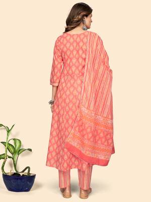 Vbuyz Women'S Print & Gota Patti Anarkali Cotton Coral Stitched Kurta Pant With Dupatta 4