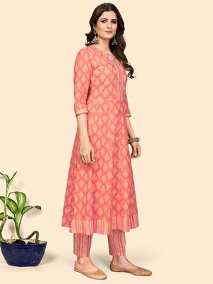 Vbuyz Women'S Print & Gota Patti Anarkali Cotton Coral Stitched Kurta Pant With Dupatta 6