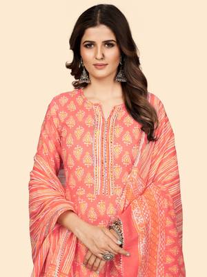 Vbuyz Women'S Print & Gota Patti Anarkali Cotton Coral Stitched Kurta Pant With Dupatta 7