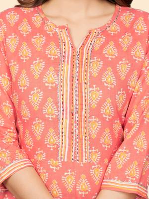 Vbuyz Women'S Print & Gota Patti Anarkali Cotton Coral Stitched Kurta Pant With Dupatta 8