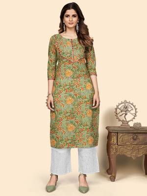 Vbuyz Women'S Print & Mirror Work Straight Cotton Green Stitched Kurta 1