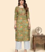 Vbuyz Women'S Print & Mirror Work Straight Cotton Green Stitched Kurta