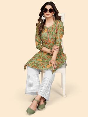 Vbuyz Women'S Print & Mirror Work Straight Cotton Green Stitched Kurta 3