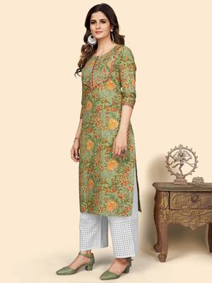 Vbuyz Women'S Print & Mirror Work Straight Cotton Green Stitched Kurta 5
