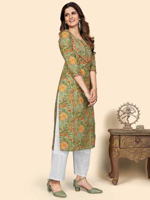 Vbuyz Women'S Print & Mirror Work Straight Cotton Green Stitched Kurta 6