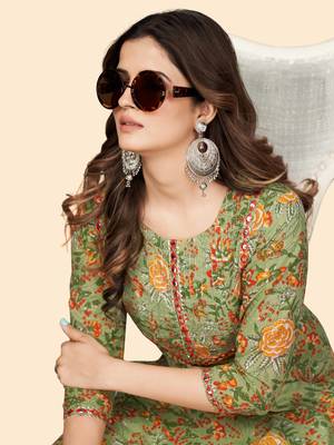 Vbuyz Women'S Print & Mirror Work Straight Cotton Green Stitched Kurta 7