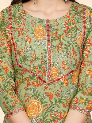 Vbuyz Women'S Print & Mirror Work Straight Cotton Green Stitched Kurta 8