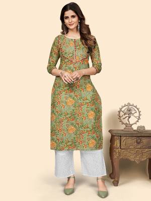 Vbuyz Women'S Print & Mirror Work Straight Cotton Green Stitched Kurta 9