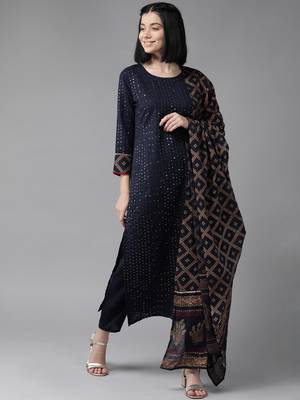 Indo Era Navy blue Embroidered Straight Kurta Trouser With Dupatta Set 1