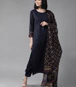 Indo Era Navy blue Embroidered Straight Kurta Trouser With Dupatta Set