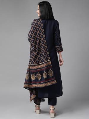 Indo Era Navy blue Embroidered Straight Kurta Trouser With Dupatta Set 2