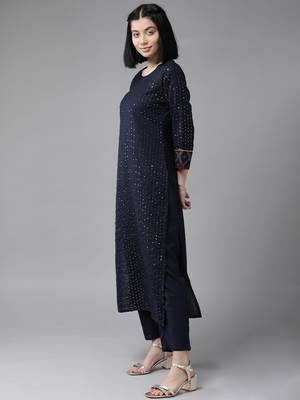Indo Era Navy blue Embroidered Straight Kurta Trouser With Dupatta Set 3