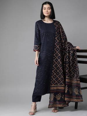 Indo Era Navy blue Embroidered Straight Kurta Trouser With Dupatta Set 4