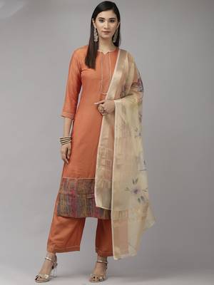 Indo Era Orange Solid Straight Kurta Palazzo with Dupatta Sets 1