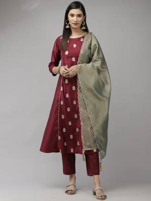 Indo Era Wine Embroidered A-line Kurta Trouser With Dupatta Set 1