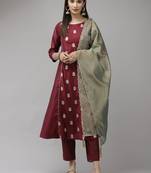 Indo Era Wine Embroidered A-line Kurta Trouser With Dupatta Set
