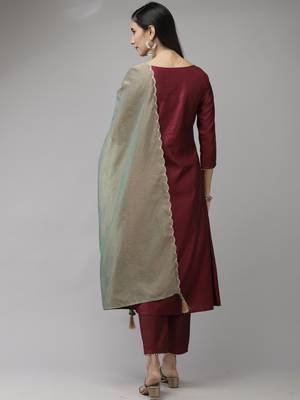 Indo Era Wine Embroidered A-line Kurta Trouser With Dupatta Set 2