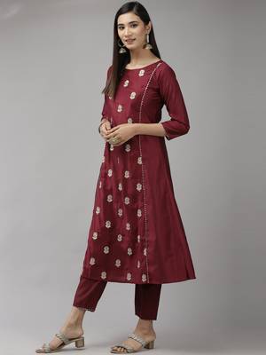 Indo Era Wine Embroidered A-line Kurta Trouser With Dupatta Set 3