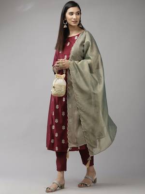 Indo Era Wine Embroidered A-line Kurta Trouser With Dupatta Set 4