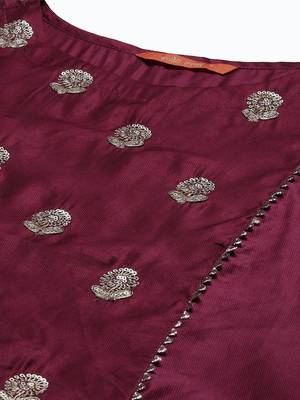 Indo Era Wine Embroidered A-line Kurta Trouser With Dupatta Set 5