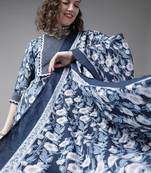 Indo Era Blue Printed Straight Kurta Palazzo Dupatta Sets