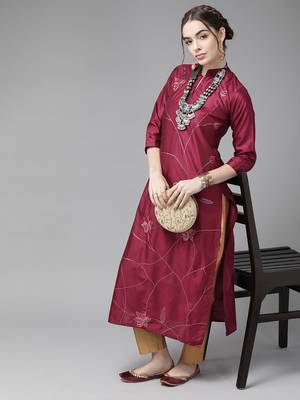 Indo Era Magenta Embroidered Straight Kurta with Trouser Set 1