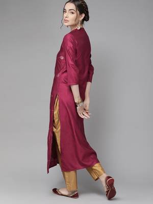 Indo Era Magenta Embroidered Straight Kurta with Trouser Set 2
