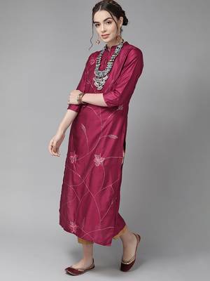 Indo Era Magenta Embroidered Straight Kurta with Trouser Set 3