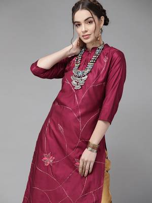 Indo Era Magenta Embroidered Straight Kurta with Trouser Set 4