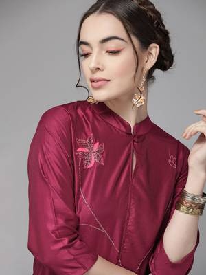 Indo Era Magenta Embroidered Straight Kurta with Trouser Set 5