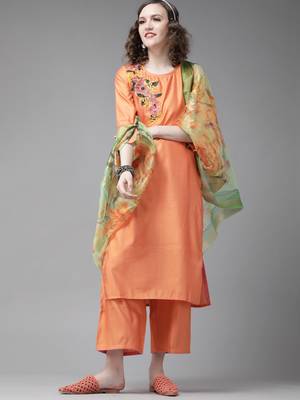 Indo Era Orange Embroidered Straight Kurta Palazzo with Dupatta Set 1