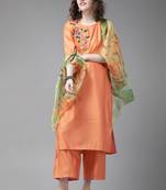 Indo Era Orange Embroidered Straight Kurta Palazzo with Dupatta Set