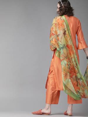 Indo Era Orange Embroidered Straight Kurta Palazzo with Dupatta Set 2