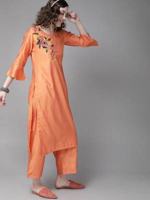 Indo Era Orange Embroidered Straight Kurta Palazzo with Dupatta Set 3