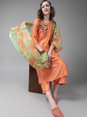 Indo Era Orange Embroidered Straight Kurta Palazzo with Dupatta Set 5