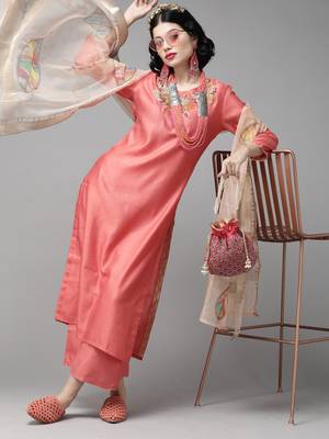 Indo Era Red Embroidered Straight Kurta Palazzo with Dupatta Set 1