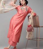 Indo Era Red Embroidered Straight Kurta Palazzo with Dupatta Set