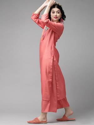 Indo Era Red Embroidered Straight Kurta Palazzo with Dupatta Set 3
