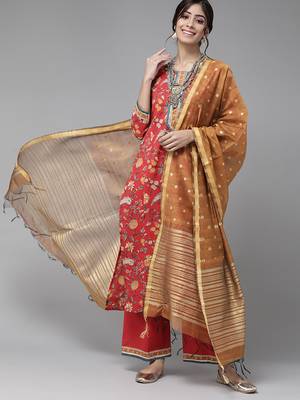 Indo Era Red Printed Straight Kurta Palazzo with Dupatta Sets 1
