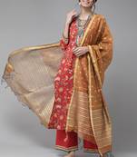 Indo Era Red Printed Straight Kurta Palazzo with Dupatta Sets