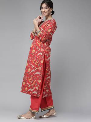 Indo Era Red Printed Straight Kurta Palazzo with Dupatta Sets 3