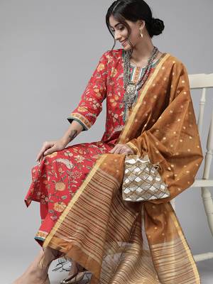 Indo Era Red Printed Straight Kurta Palazzo with Dupatta Sets 4