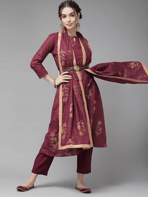 Indo Era Wine Foil Printed Straight Kurta Trouser With Dupatta Set 1