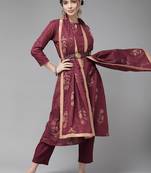 Indo Era Wine Foil Printed Straight Kurta Trouser With Dupatta Set