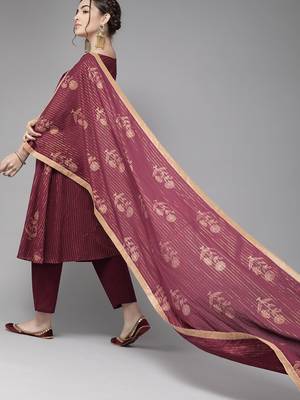 Indo Era Wine Foil Printed Straight Kurta Trouser With Dupatta Set 2