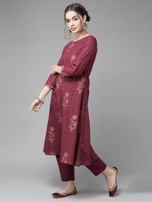 Indo Era Wine Foil Printed Straight Kurta Trouser With Dupatta Set 3