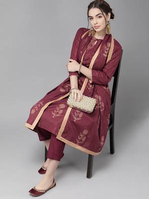 Indo Era Wine Foil Printed Straight Kurta Trouser With Dupatta Set 4