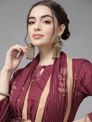Indo Era Wine Foil Printed Straight Kurta Trouser With Dupatta Set 5