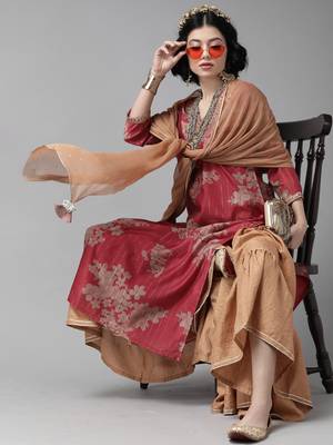 Indo Era Printed Red Straight Kurta Sharara With Dupatta Set 1