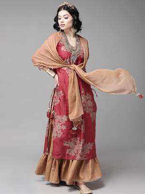 Indo Era Printed Red Straight Kurta Sharara With Dupatta Set 4